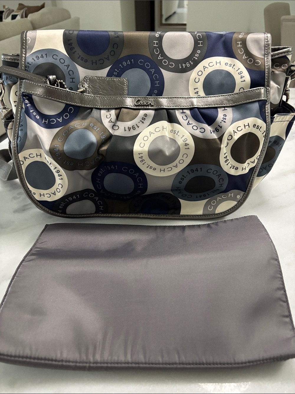 COACH Navy, Gray & Cream Circle-Print Crossbody Baby Bag